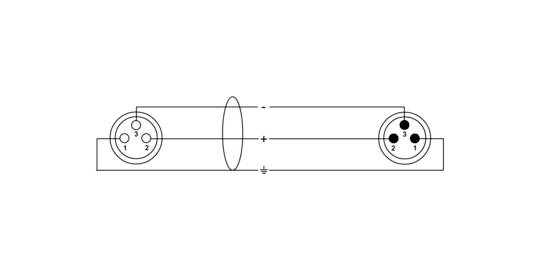 Diagram przedstawia dwie okrągłe elektryczne złącza z 2 i 3 pinami, połączone liniami. Symetryczne rozmieszczenie.