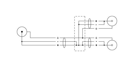 Schemat elektryczny z dwoma równoległymi obwodami, z których jeden jest przerwany, oraz dodatkowymi połączonymi elementami.