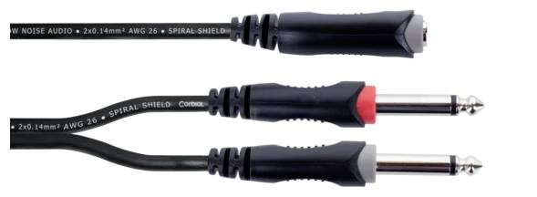 Kabel Y z wtykiem jack 6,3 mm na dwa wtyki jack 6,3 mm, odpowiedni do połączeń audio.