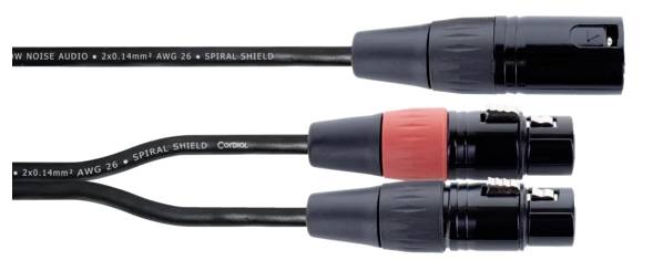 Trzy kable audio XLR z czarnymi wtykami, jeden z czerwonym pierścieniem. Ułożone są poziomo na białym tle.