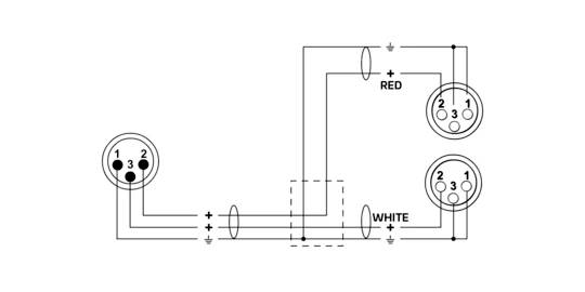 Diagram pokazuje okablowanie przewodu audio z trzema złączami. Czerwone i białe przewody są połączone, oznaczone jako plus i minus.