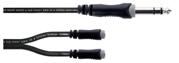 Kabel Y z wtykiem jack 6,35 mm na dwa wtyki jack 3,5 mm, przeznaczone do połączeń audio między urządzeniami.