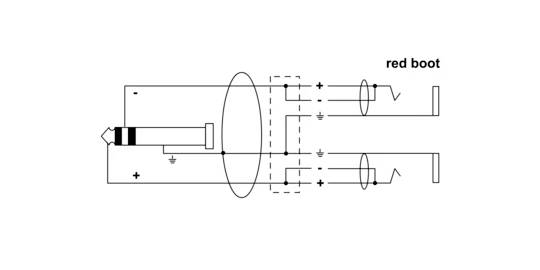 Diagram obwodu elektrycznego z soczewkami, przewodami i oznaczonym tekstem 'czerwony but', pokazujący komponenty i kierunek przepływu.