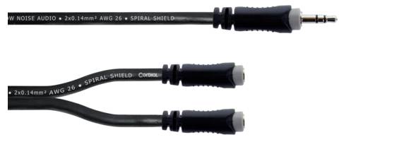 Przewód audio Y z wtykiem 3,5 mm i dwoma żeńskimi końcówkami, oznaczony jako 'Low Noise Audio' oraz 'Spiral Shield'.