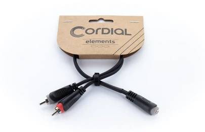 Kabel Y-Kabel firmy Cordial Elements z dwoma wtyczkami RCA i jednym złączem jack do transmisji audio, w pudełku kartonowym.