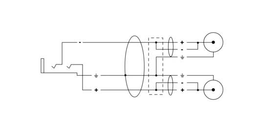 Schemat elektryczny z wieloma komponentami, w tym rezystorami, źródłami zasilania, przełącznikami i przewodami łączącymi obwody.