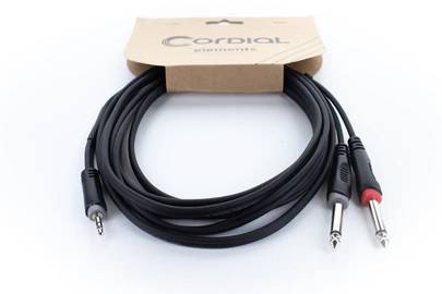 Czarny kabel audio z wtyczką stereo 3,5 mm po jednej stronie oraz dwoma wtyczkami mono (czerwoną i czarną) po stronie drugiej.