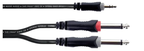 Kabel audio z wtykiem 3,5 mm na górze oraz dwoma wtykami jack 6,3 mm na dole, z których jeden posiada czarny pierścień, a drugi czerwony.