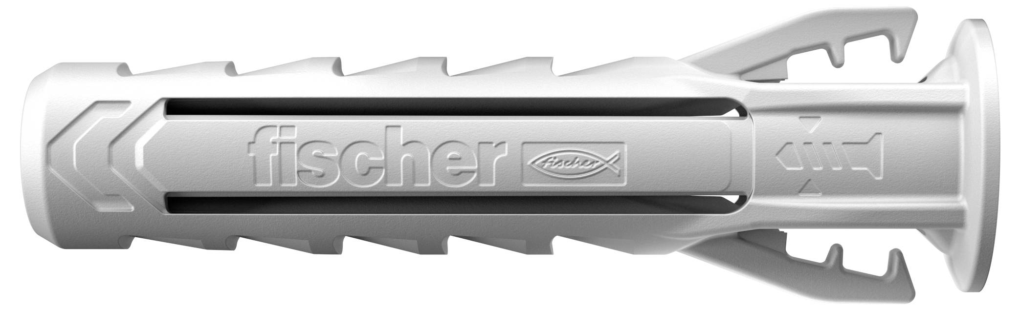 Szary kołek z wybitym znakiem firmowym i logo. Odpowiedni do mocowań w różnych rodzajach murów.