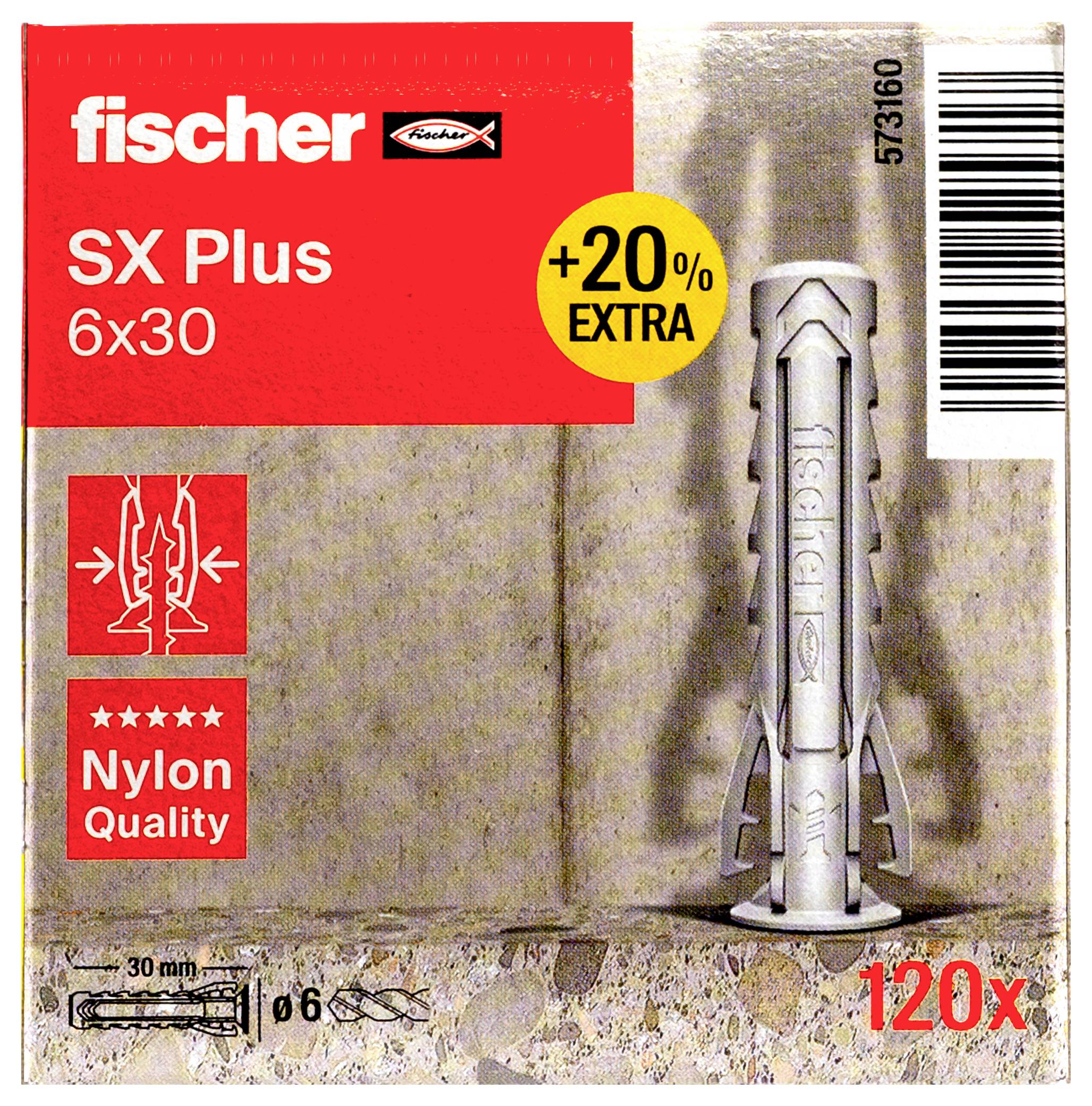 Opakowanie Fischer SX Plus 6x30 kołków, 120 sztuk. Wysoka jakość nylonu, 20% więcej. Odpowiednie do otworów o średnicy 6 mm i długości 30 mm.