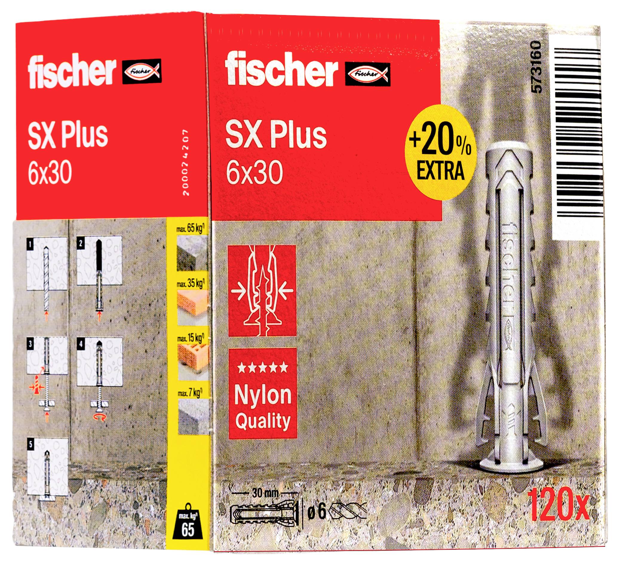 Opakowanie kołków Fischer SX Plus, rozmiar 6x30 mm, 120 sztuk, zawiera 20% więcej. Przedstawia ilustrację kołka oraz tabelę zastosowań.