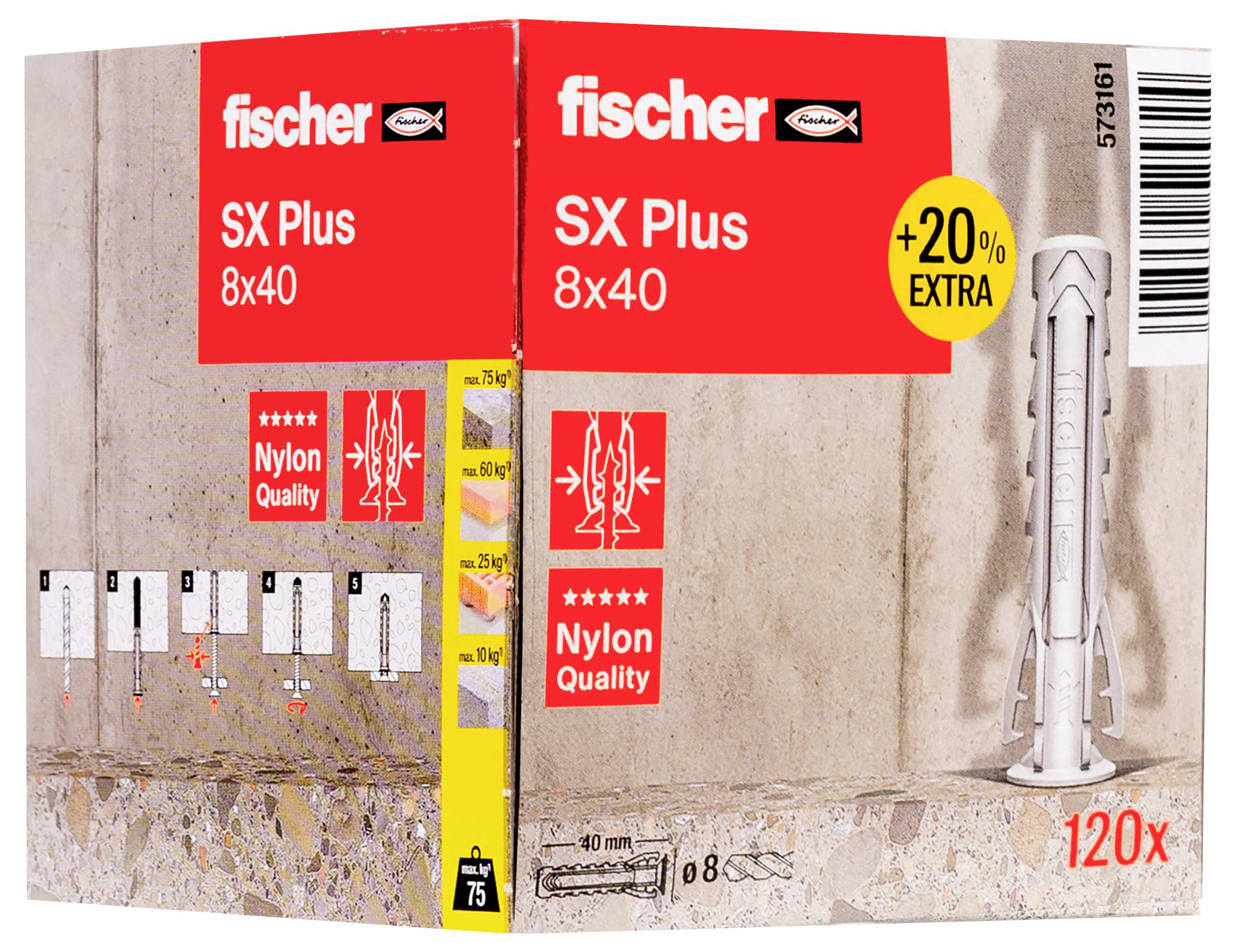 Kołki Fischer SX Plus 8x40 w kartonie z etykietą 'Nylon Quality' i instrukcją użycia na odwrocie. Opakowanie zawiera 120 sztuk.