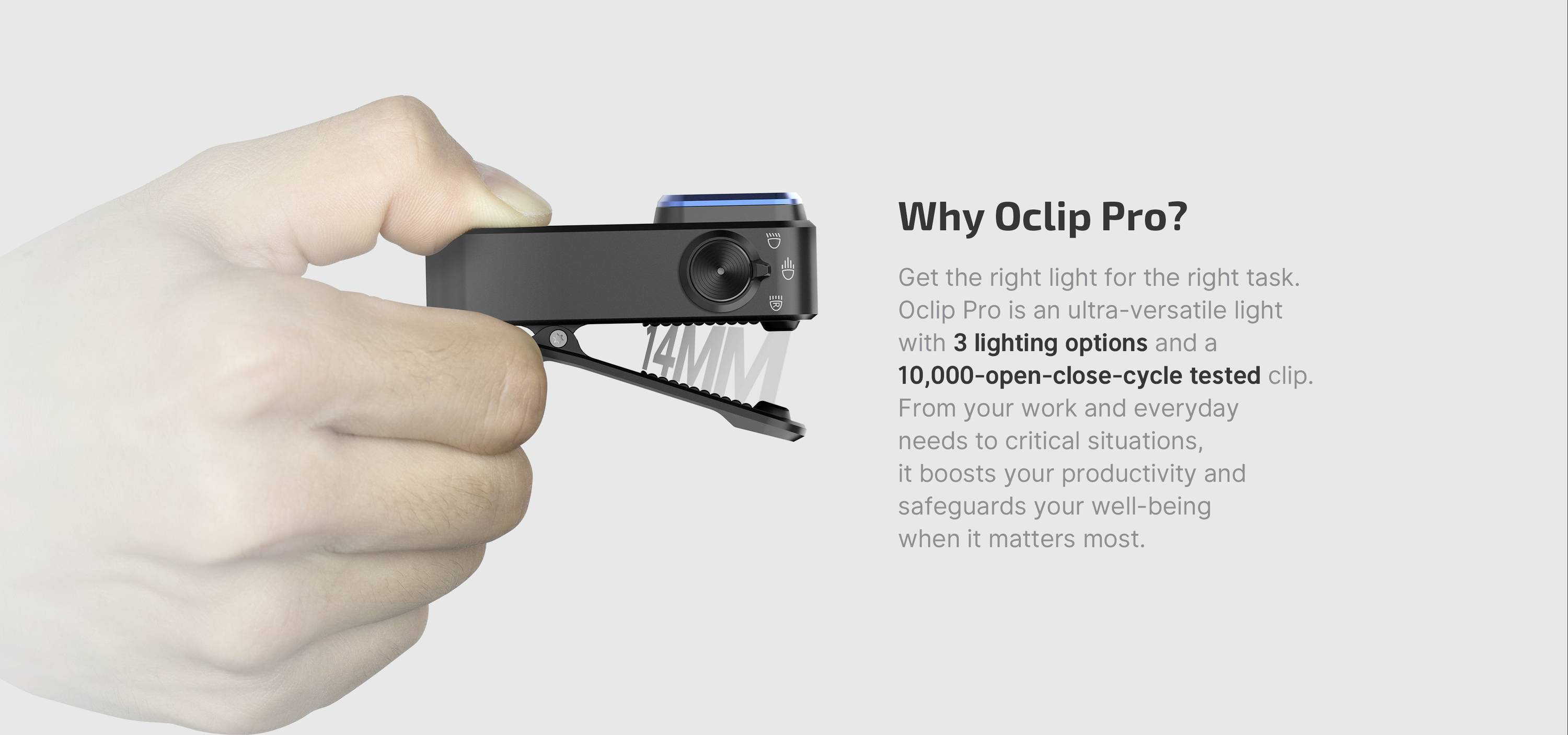 Jedna ręka trzyma małą lampkę ze szczęką. Obok lampy widnieje napis "Dlaczego OcClip Pro?" wraz ze szczegółami dotyczącymi wszechstronności i trwałości.