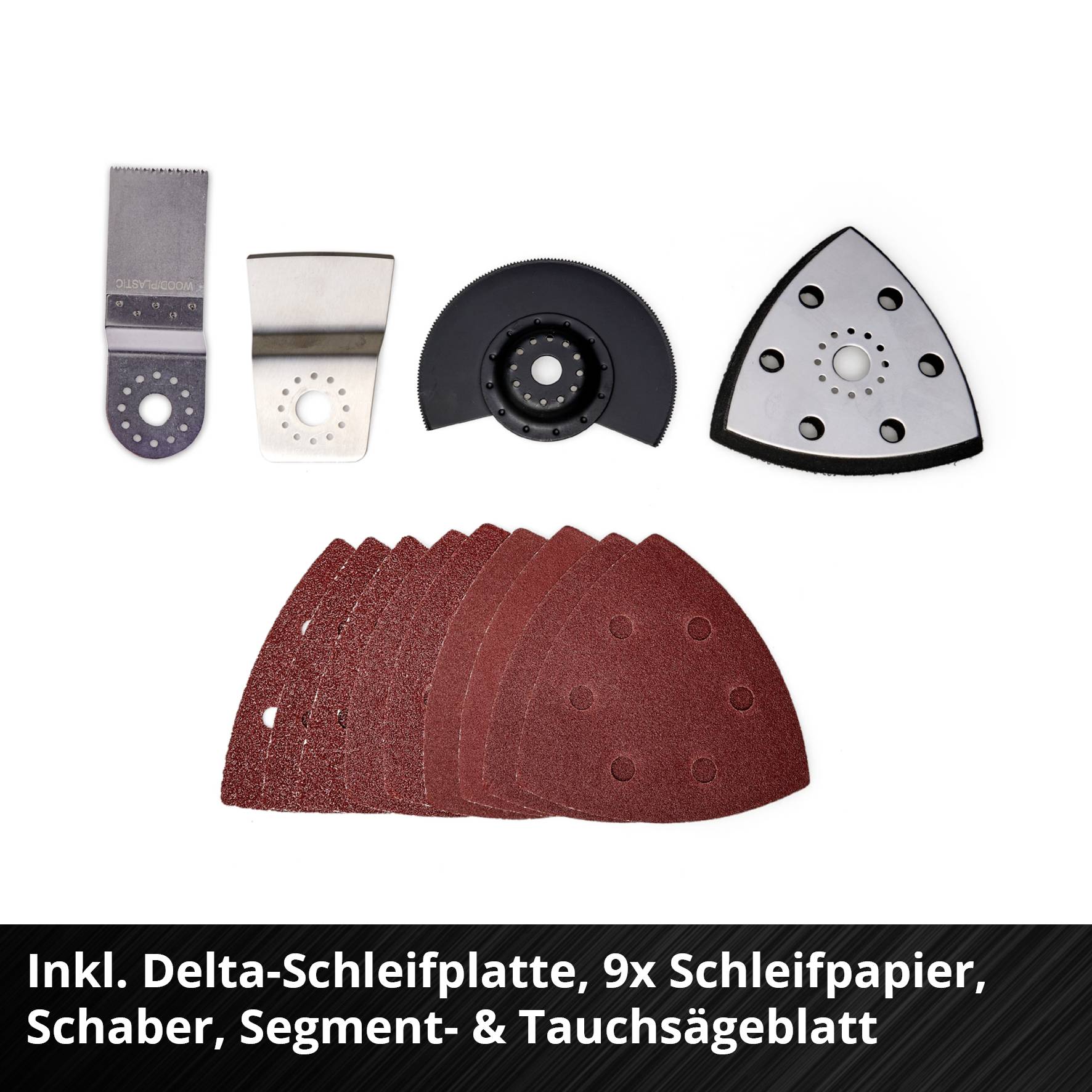 Wielofunkcyjny zestaw narzędzi: Płyta szlifierska delta, 9 arkuszy papieru ściernego, skrobak, brzeszczot segmentowy i zanurzeniowy.