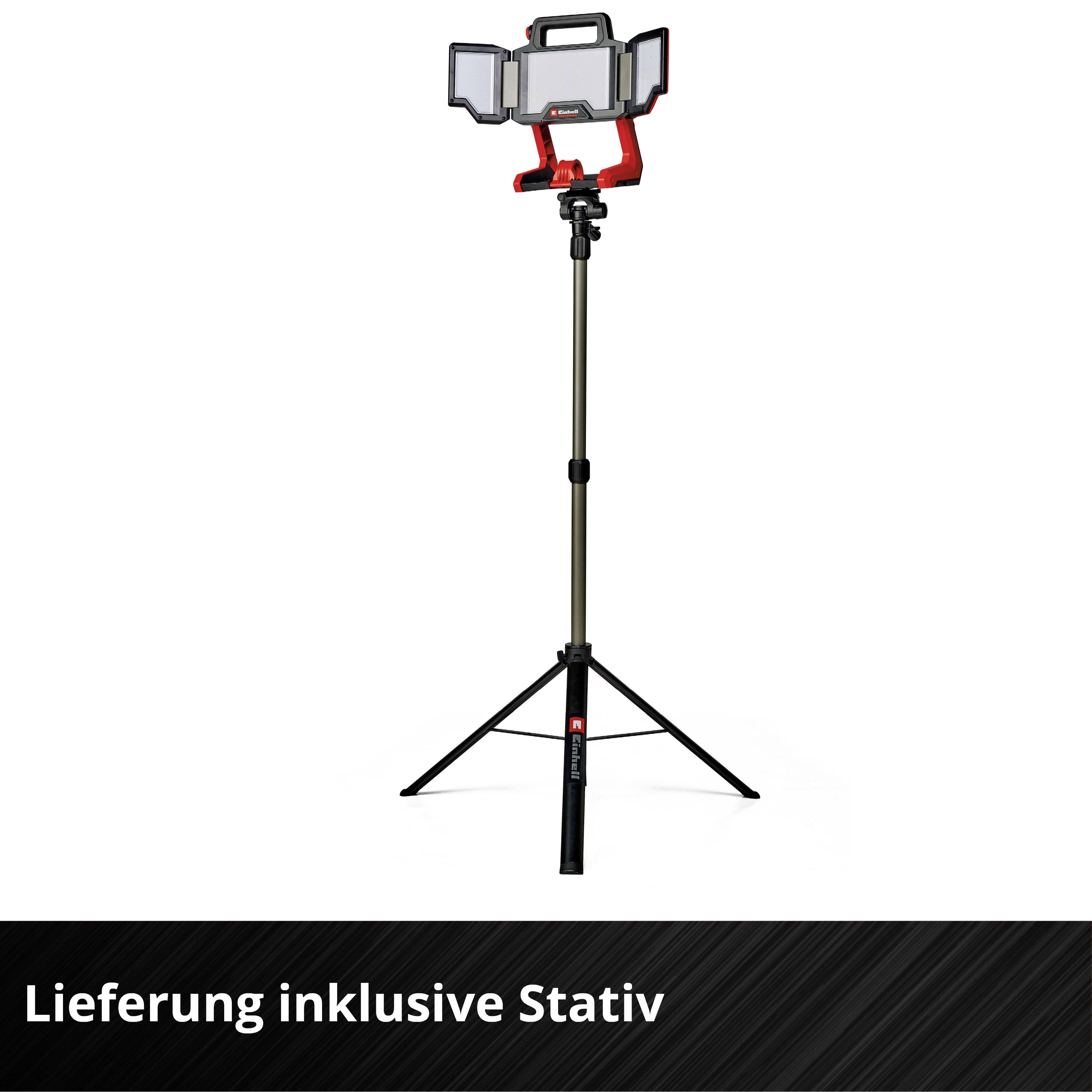 Lampa robocza LED na statywie, regulowana wysokość. Tekst na marginesie obrazka: Dostawa wraz ze statywem.