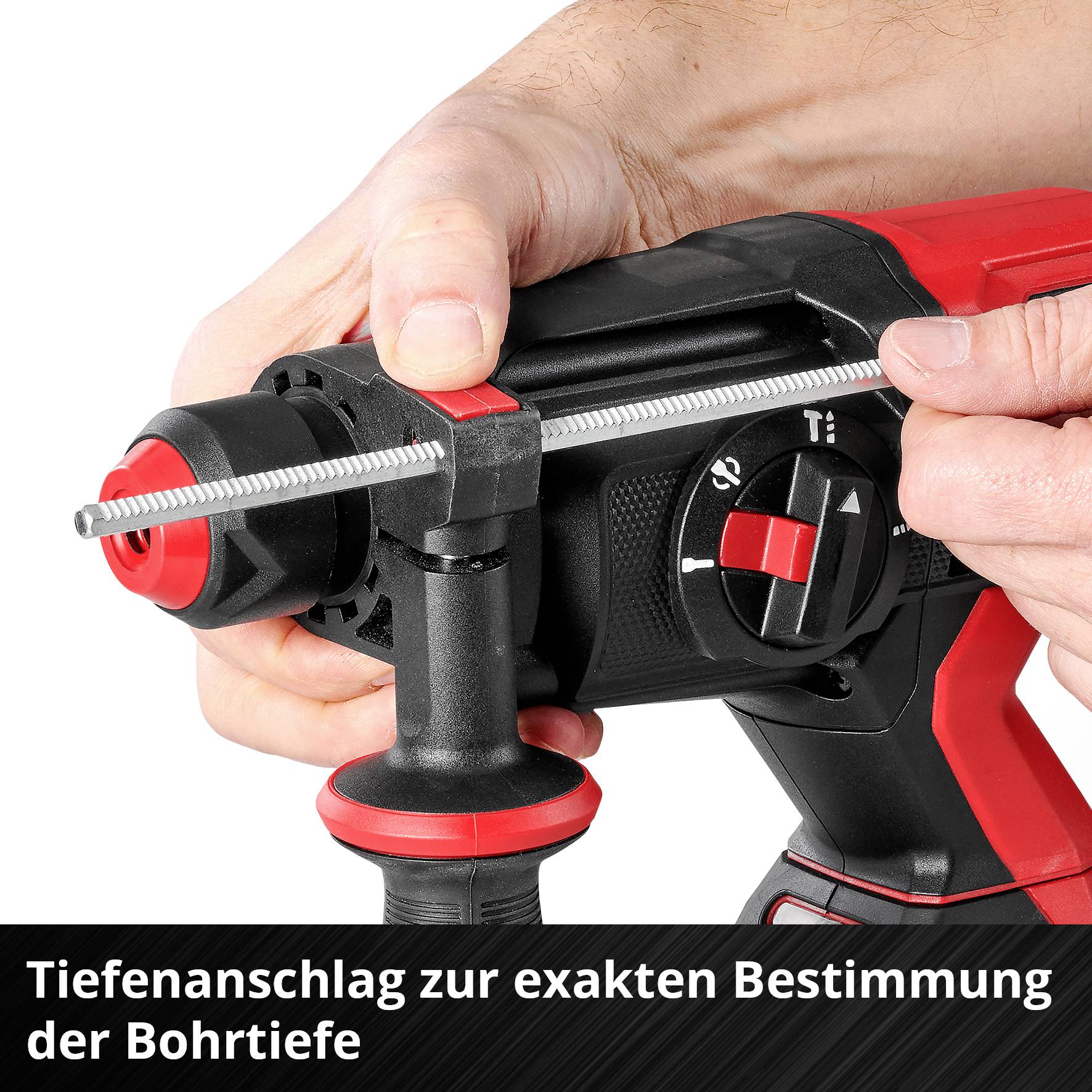 Model przedstawia ustawienie młotowiertarki z ogranicznikiem głębokości do precyzyjnego określenia głębokości wiercenia.