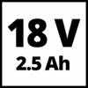 '18 V 2,5 Ah' czarnym drukiem na białym tle, symbolizuje baterię o napięciu 18 woltów i pojemności 2,5 amperogodzin.