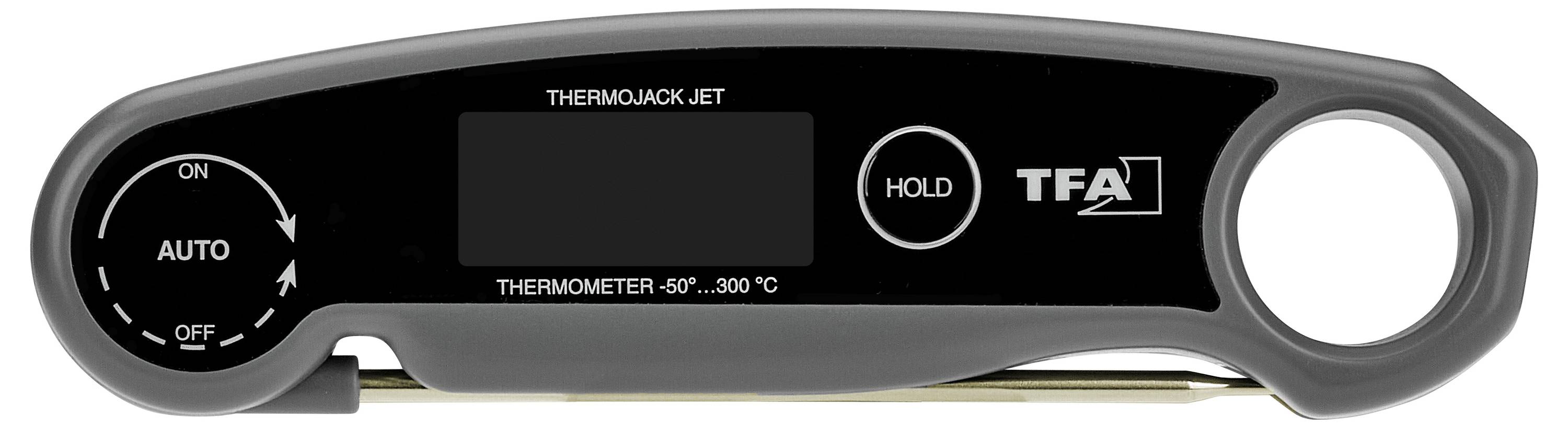 Cyfrowy termometr kuchenny z 'ThermoJack Jet', zakres temperatury od -50°C do 300°C, włącznik/wyłącznik, funkcja 'HOLD'.