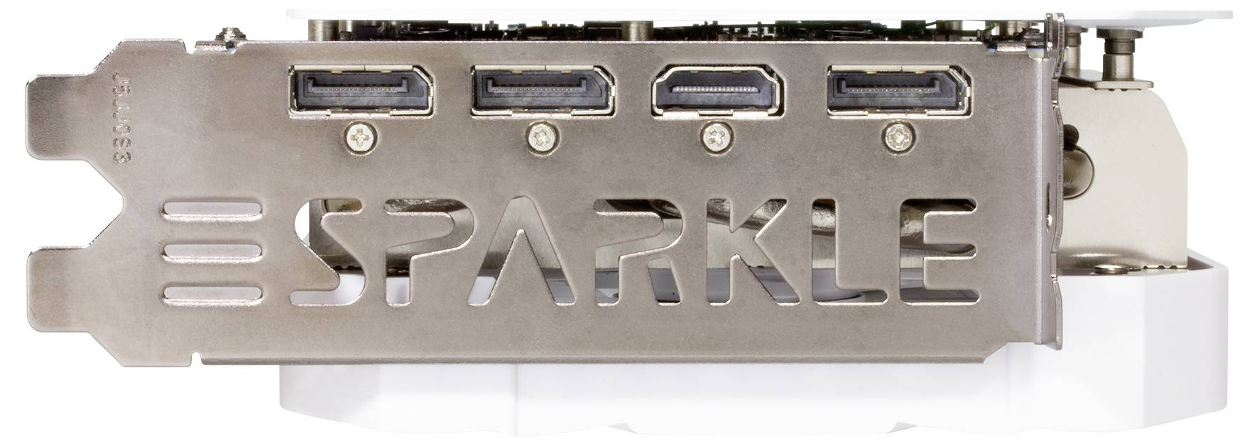 Strona przyłączy karty graficznej 'SPARKLE' z czterema portami HDMI w metalowej obudowie.