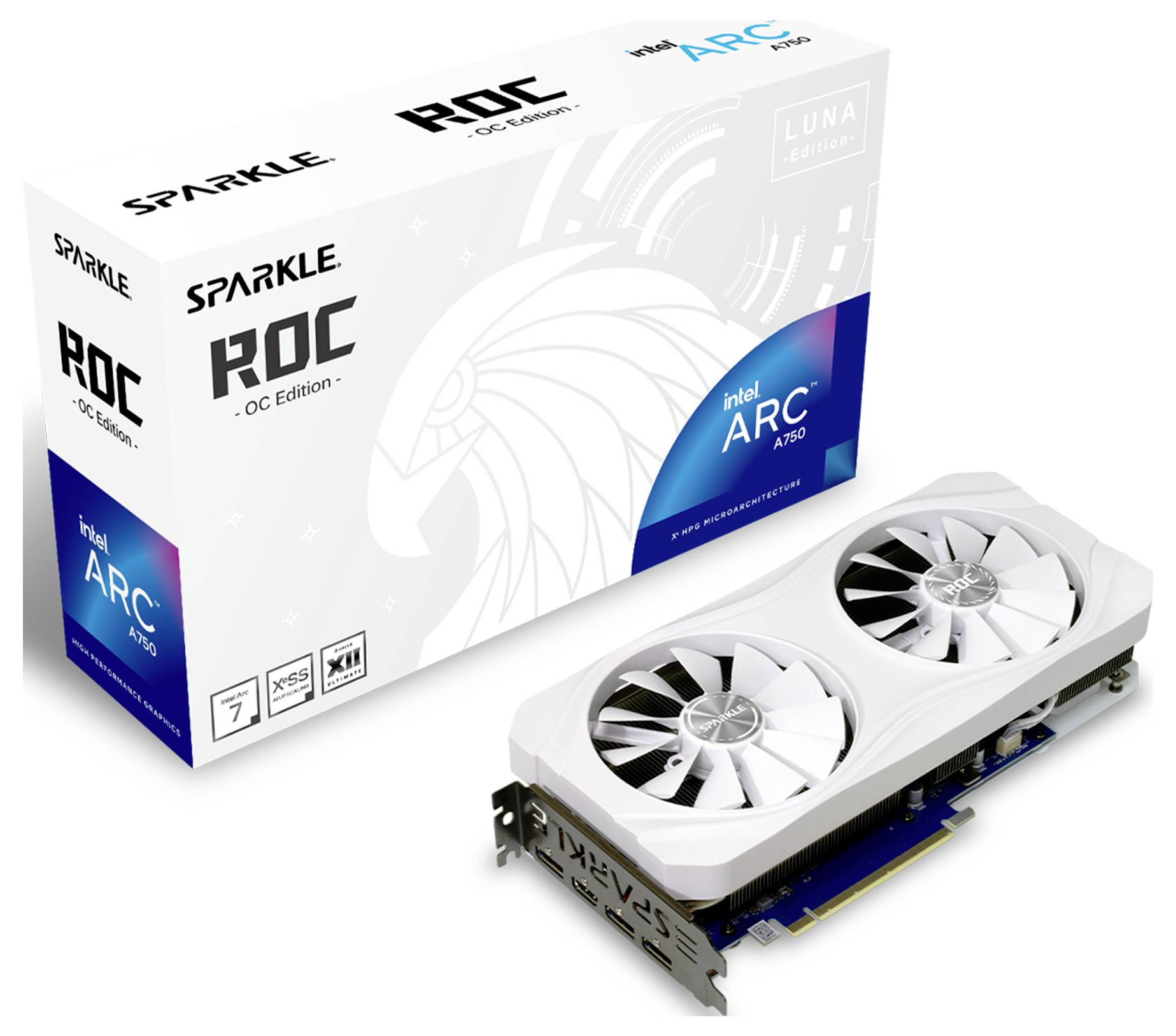 Biała karta graficzna z dwoma wentylatorami obok jej opakowania, na którym widnieje napis 'Sparkle ROC OC Edition' oraz 'Intel ARC A750'.