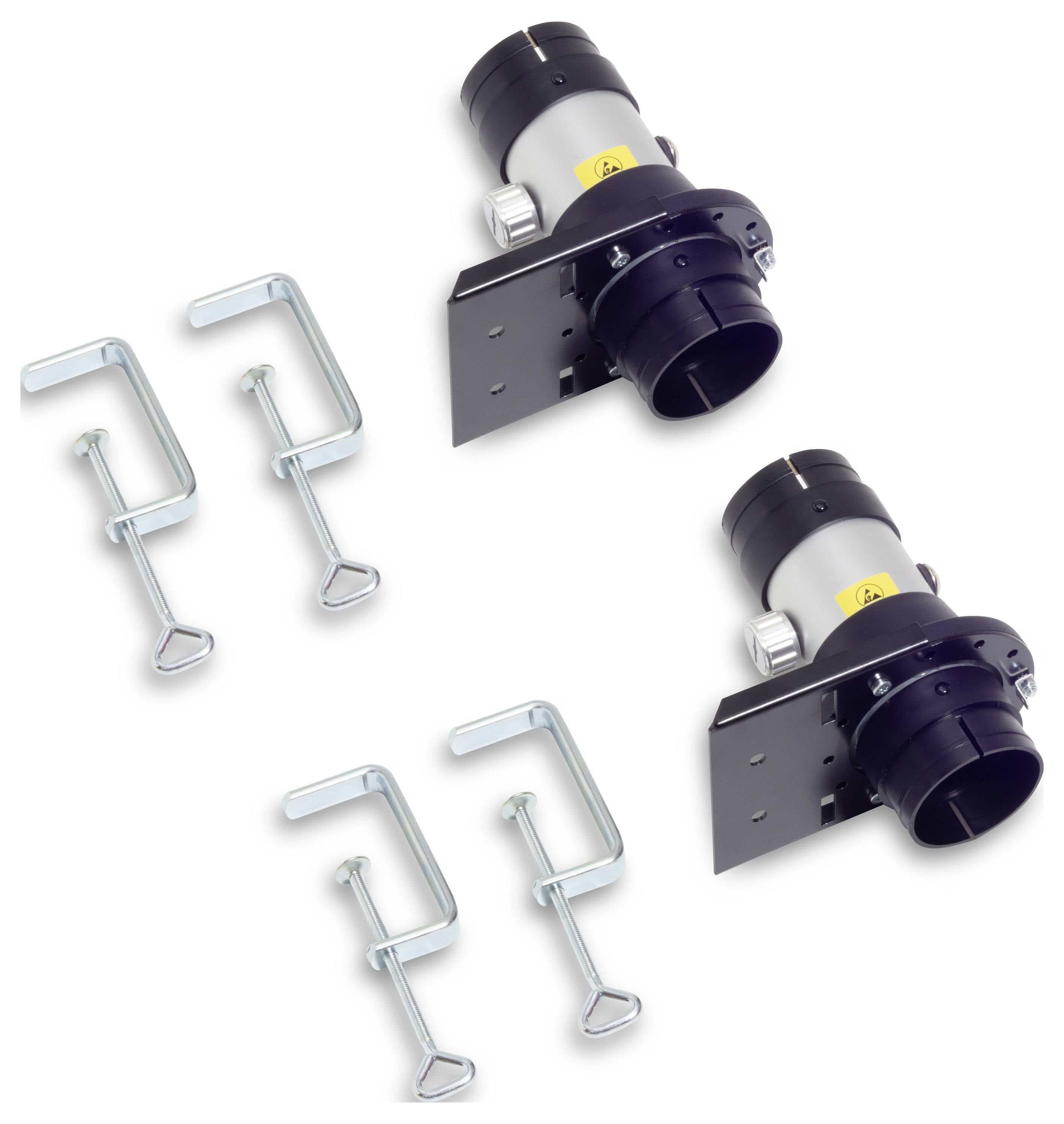 Dwie czarne dysze ssące do instalacji wyciągowej z szarym uchwytem metalowym i żółtym oznaczeniem bezpieczeństwa, obok cztery zaciski metalowe.