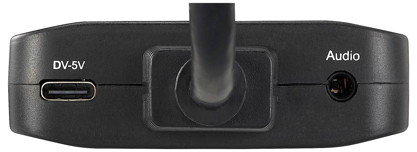 Urządzenie pokazuje złącza DV-5V i audio na czarnej obudowie.