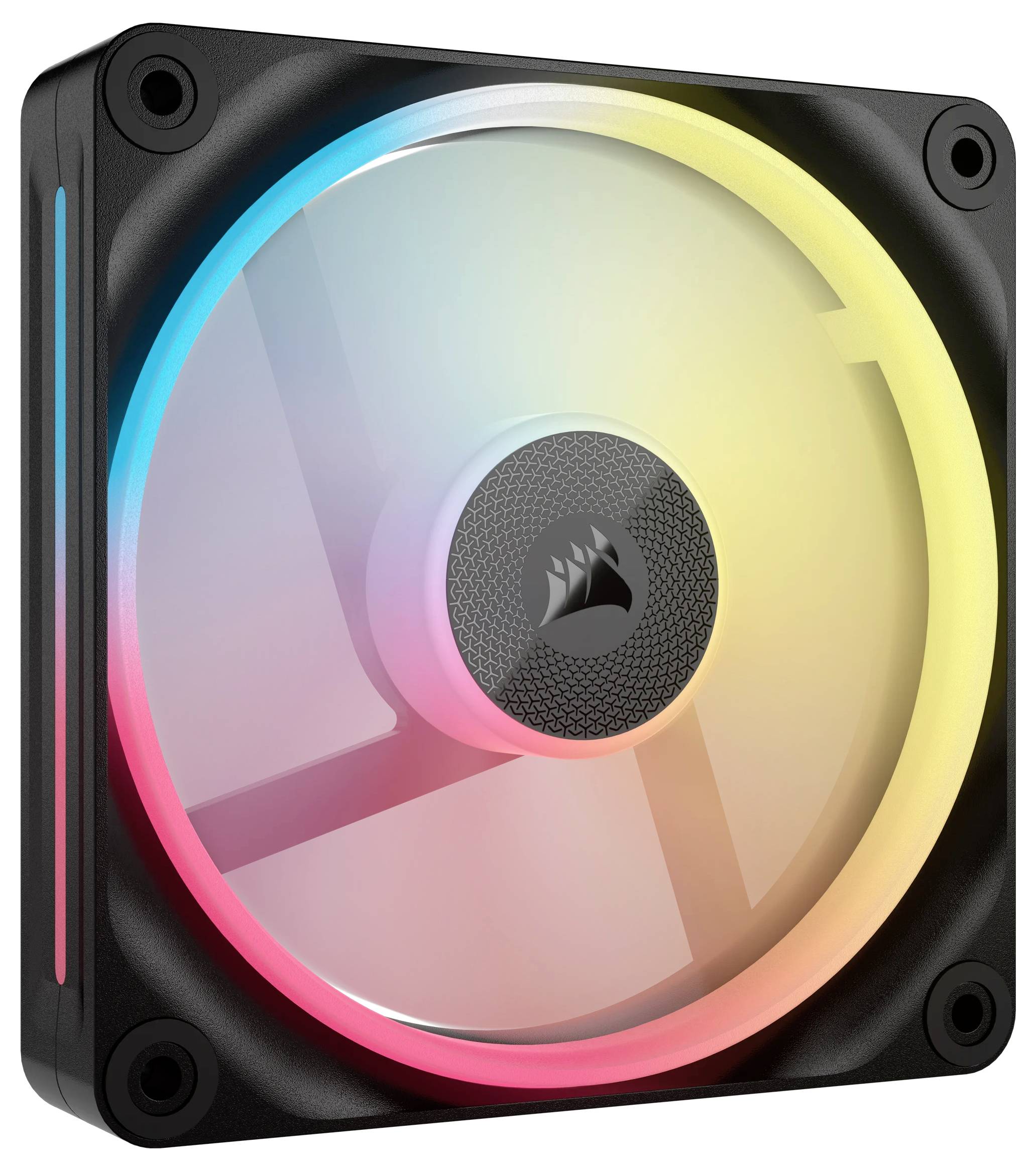 Wentylator LED z kolorami tęczy i czarną ramką, z centralnym logo. Używany do chłodzenia w komputerach.