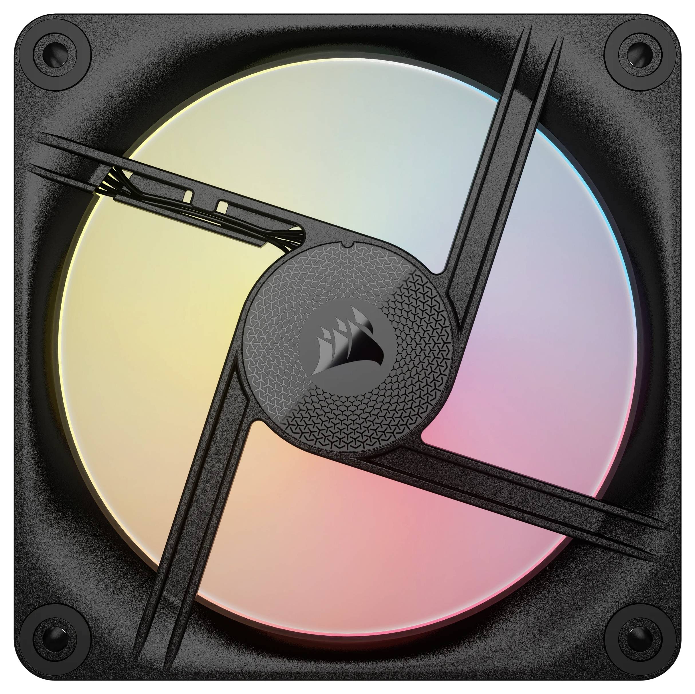 Wentylator komputerowy z podświetleniem RGB w kolorach tęczy, kwadratowa czarna obudowa, logo Corsair pośrodku.