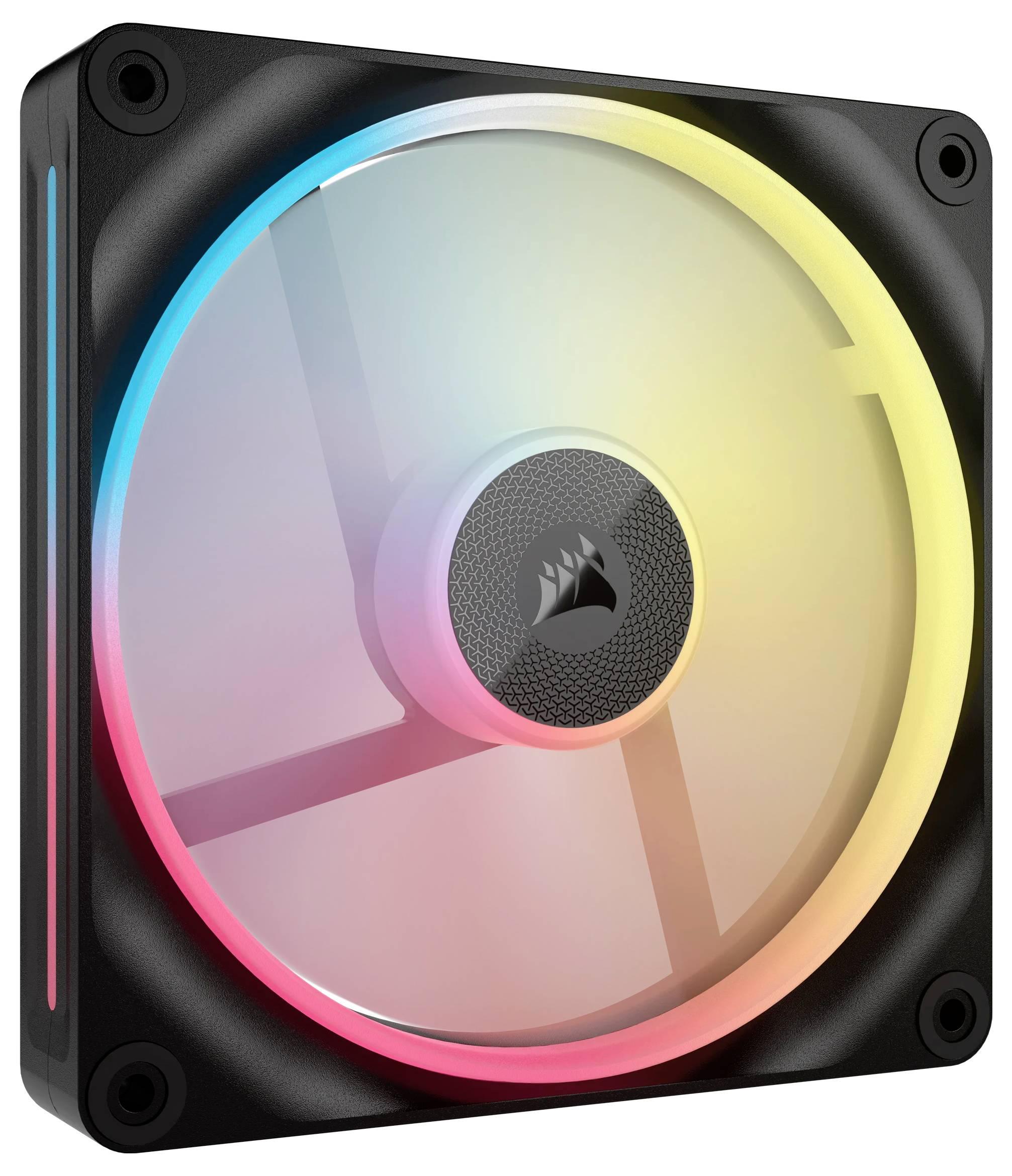 Wentylator komputerowy z podświetleniem LED; wyświetla kolory tęczy i logo producenta w centrum.