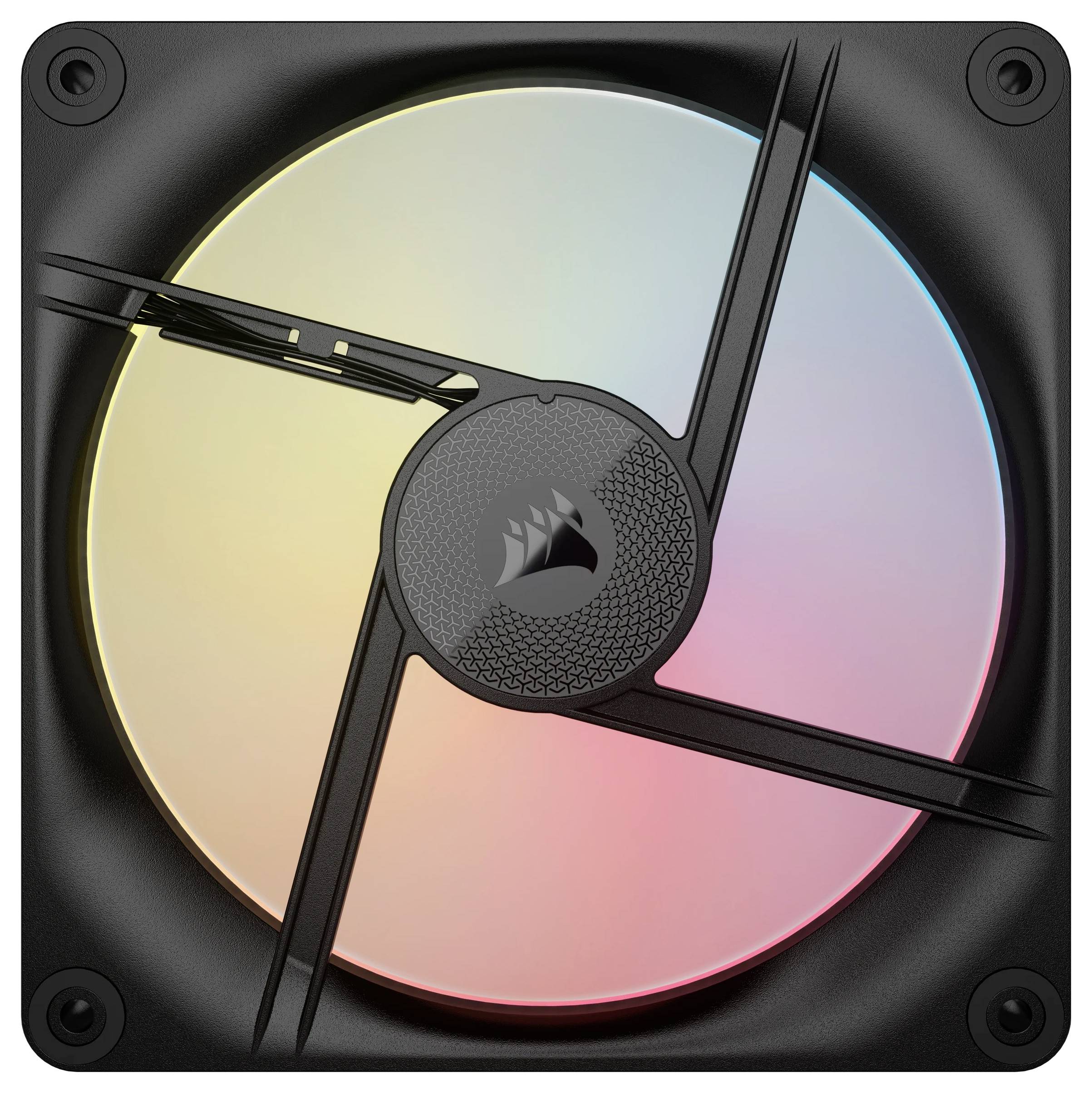 Kwadratowy wentylator komputerowy z podświetleniem RGB, które delikatnie świeci w różnych kolorach. Czarna obudowa z centralną osłoną wentylatora.