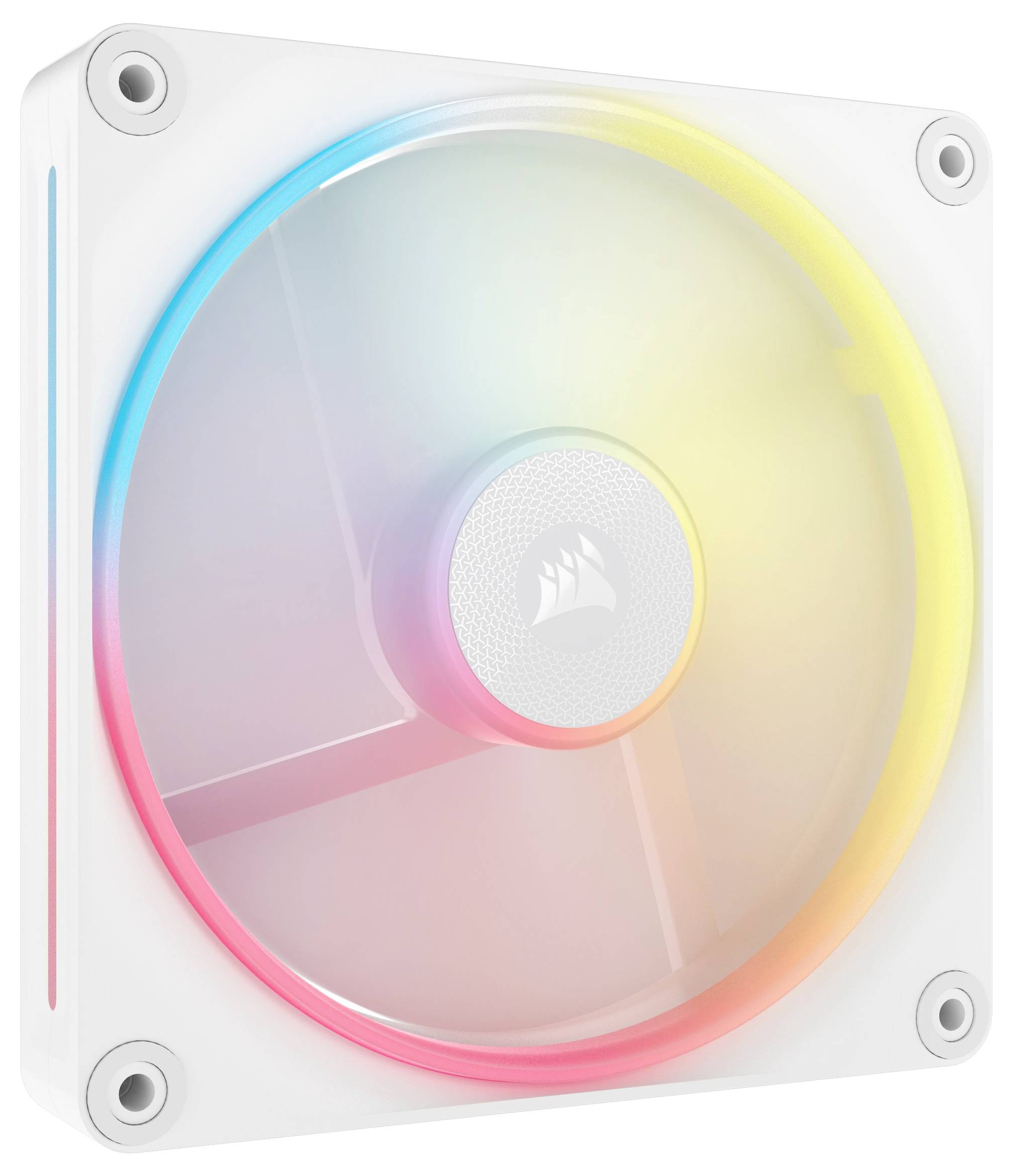 Biały wentylator komputerowy z podświetleniem RGB, świecący w kolorach tęczy, zamontowany w kwadratowej ramce.