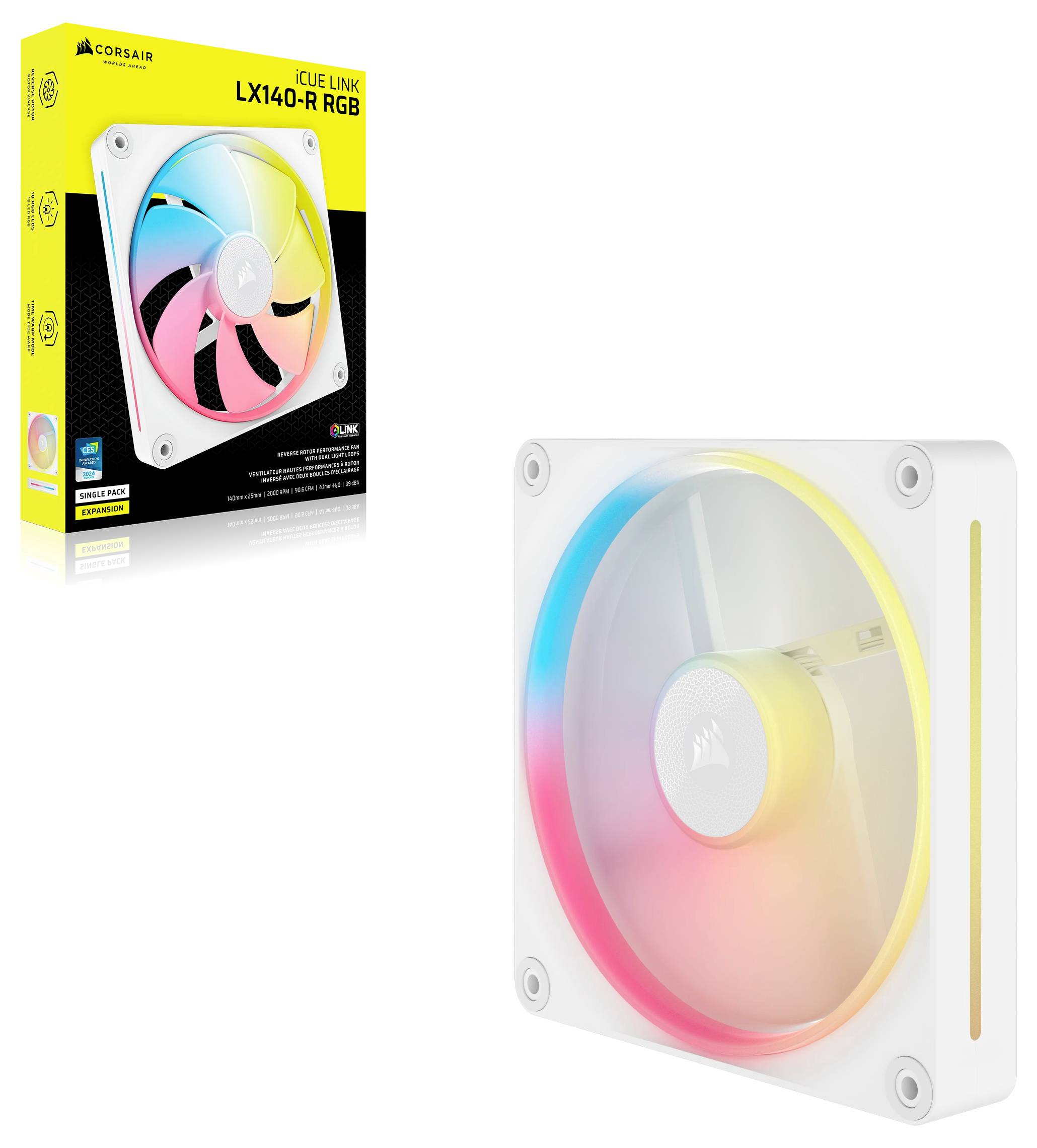 Wentylator obudowy RGB z kolorowymi diodami LED zmieniającymi barwę, ustawiony na pierwszym planie; po lewej stronie opakowanie prezentujące szczegóły produktu.