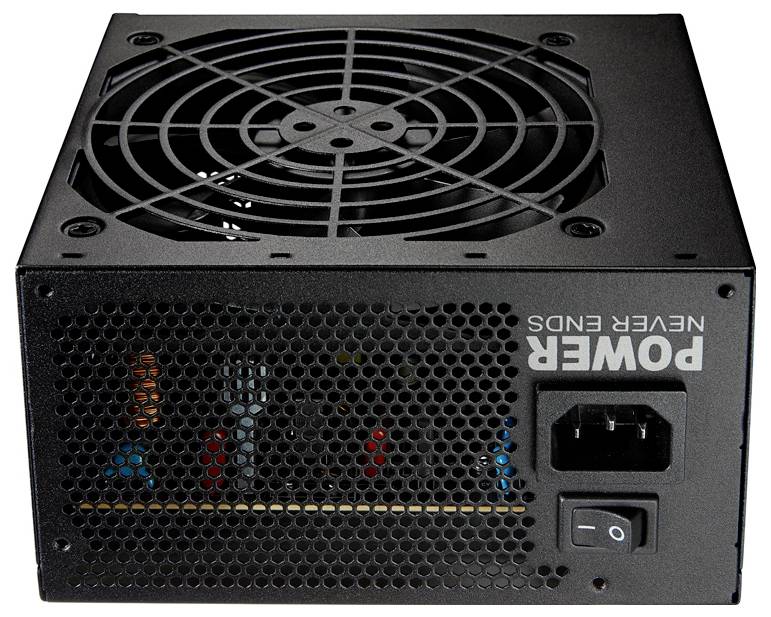 Czarna zasilacz komputerowy z wentylatorem i przełącznikiem sieciowym; po stronie widoczny napis 'Power never ends'.