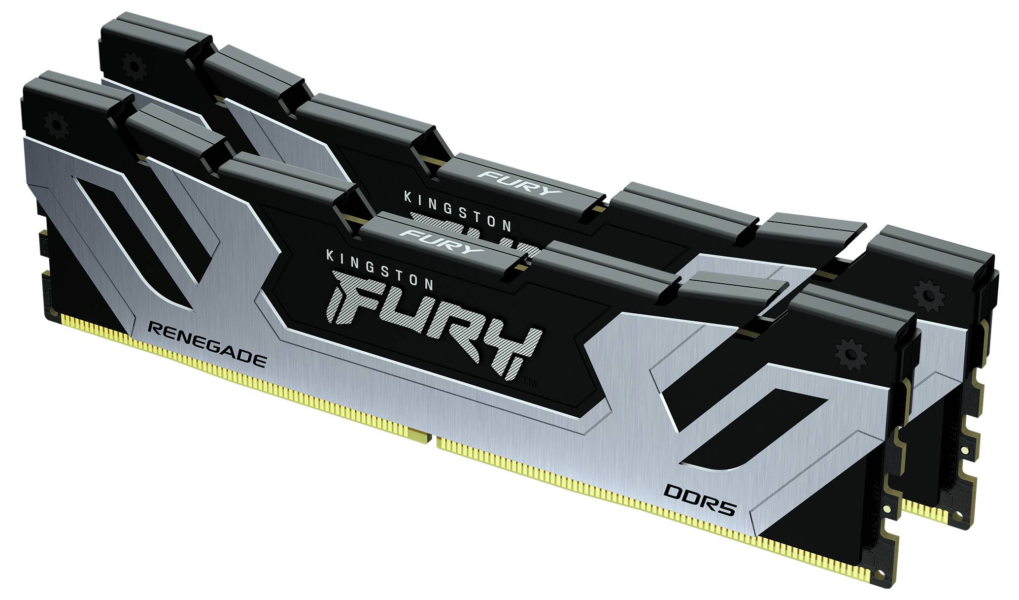 Dwa moduły pamięci RAM Kingston Fury Renegade DDR5 o czarno-srebrnym wzornictwie, przeznaczone do wydajnych komputerów.