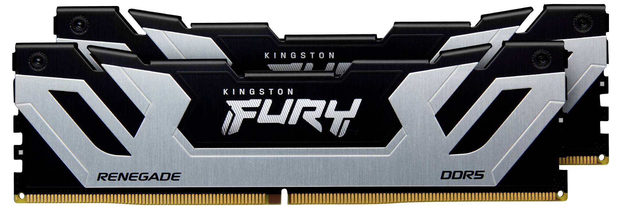 Dwa moduły pamięci RAM Kingston FURY Renegade DDR5 z czarno-srebrnym wzornictwem radiatora.