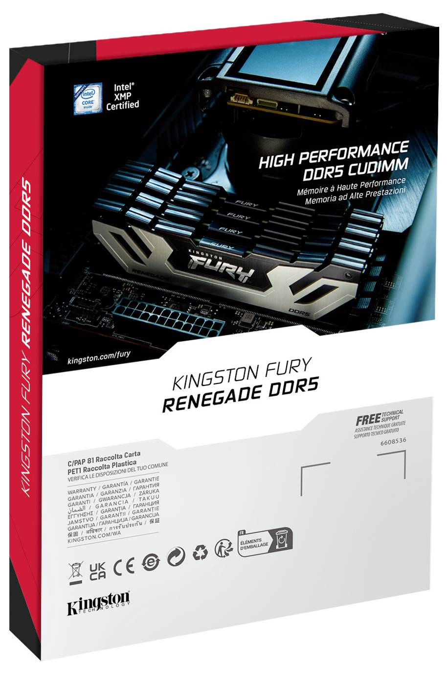 Moduł pamięci RAM Kingston Fury Renegade DDR5, przedstawiony w opakowaniu. Podkreśla wysoką wydajność i certyfikację Intel XMP.