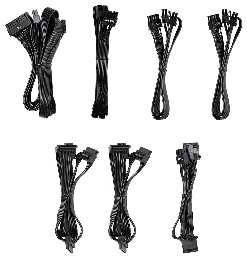 Sześć różnych czarnych kabli komputerowych do procesora, magistrali PCI i SATA z różnymi złączami, ułożonych obok siebie w rzędzie.