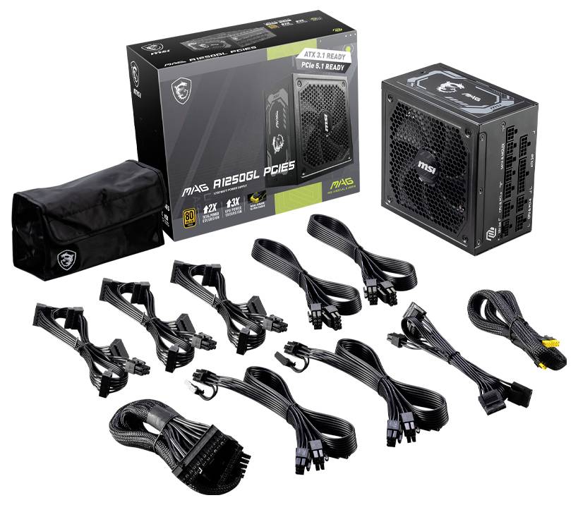 Zasilacz komputerowy z przewodami i opakowaniem. Model: MAG A1250GL PCIE5 firmy MSI. Zawiera różne przewody przyłączeniowe i akcesoria. Idealny do komputerów gamingowych.