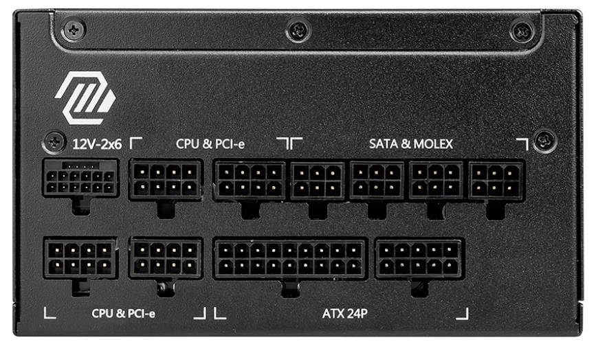 'Tylna strona zasilacza komputerowego z gniazdami: 12V-2x6, CPU i PCI-e, SATA i MOLEX, ATX 24P. Czarne, kwadratowe złącza.'