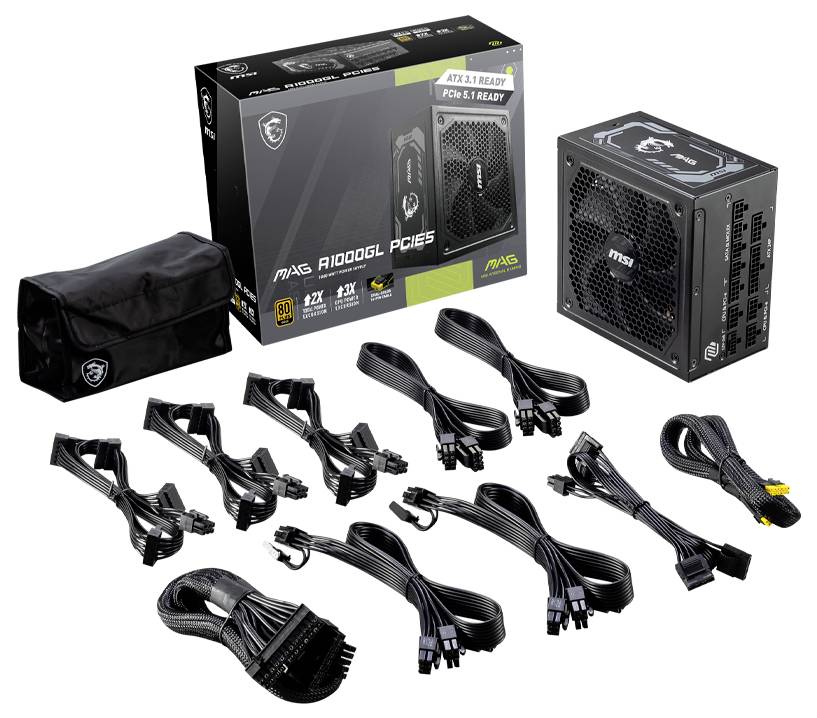 Zasilacz komputerowy z akcesoriami: pudełko, kable i torba. Model 'MSI MAG A1000G PCIE5', certyfikat 80 Plus Gold, wysoka wydajność.