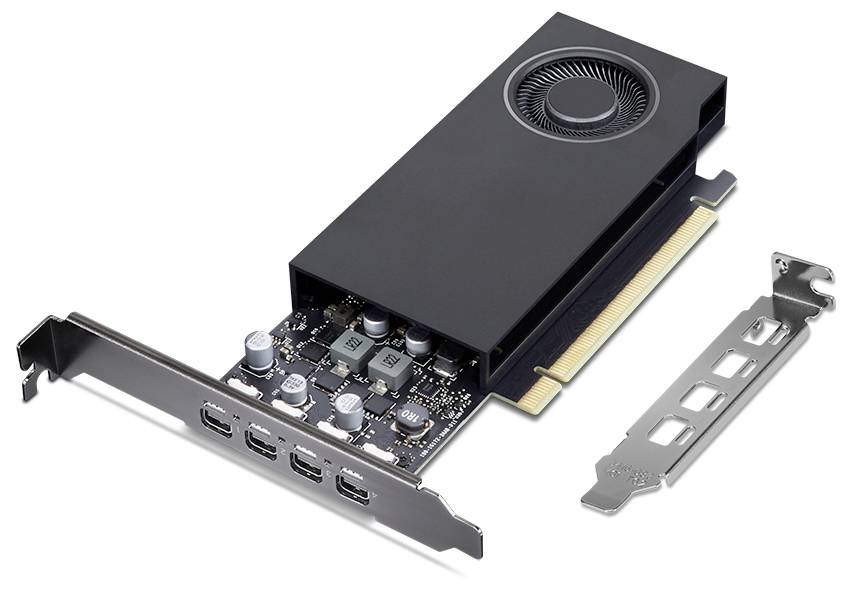 Czarna karta graficzna z wentylatorem i czterema mini złączami DisplayPort. Obok karty widoczne są dwie dodatkowe metalowe mocowania.