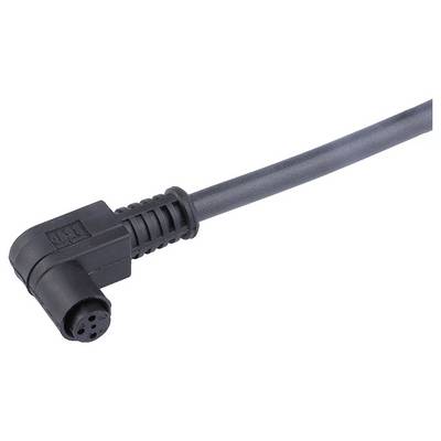 Czarny, kątowy kabel elektryczny z okrągłą wtyczką.