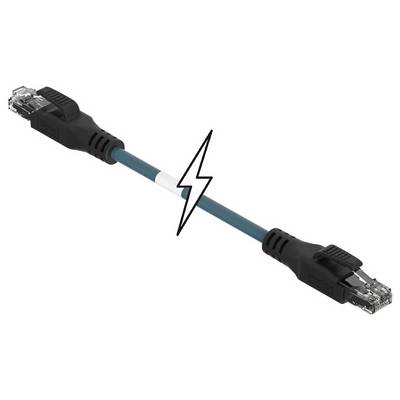 Niebieskie kabel Ethernet przecięte pośrodku symbolem błyskawicy symbolizuje przerwane połączenie internetowe.