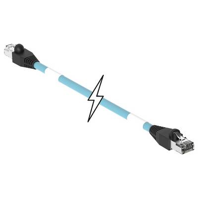 Niebiesko-białe kabel ethernetowy z symbolem błyskawicy pośrodku, symbolizujący łączność lub połączenie sieciowe.