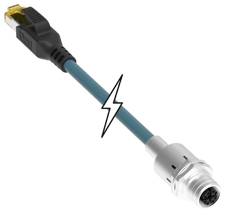 Zielony kabel Ethernet z wtykiem RJ45 po lewej stronie i okrągłym wtykiem po prawej stronie; symbol błyskawicy pośrodku.