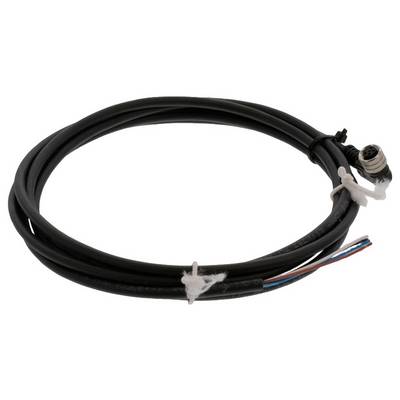 Czarny kabel spiralnie zwinięty w kształcie koła, zakończony wtyczką z jednej strony i odkrytymi końcówkami przewodów z drugiej strony.