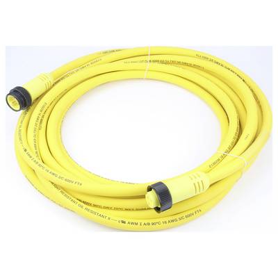 Żółty kabel przedłużający z czarnymi złączami, zwinięty, odpowiedni do 600V, 16 AWG, odporny na olej.