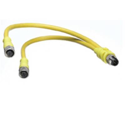 Żółty kabel Y-kształtny z trzema okrągłymi wtyczkami, odpowiedni do specjalnych połączeń technicznych.