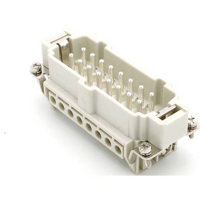 Prostokątny, biały elektryczny złącze z wieloma metalowymi stykami, przeznaczone do zastosowań przemysłowych.
