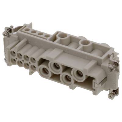 Prostokątny, szary wtyk elektryczny z wieloma otworami przyłączeniowymi i metalowymi śrubami, przeznaczony do zastosowań przemysłowych.